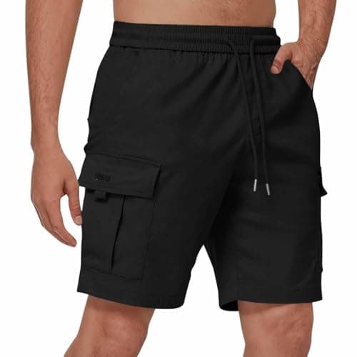 Image of MakingDa Mens Cargo Shorts Elasticated Waist Drawstring Regular Fit Lightweight Summer Casual Shorts with Multiple Pockets Black