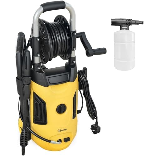 Image of Outsunny 1800W High Pressure Washer, 150 Bar Pressure, 420 L/h Flow, Portable Power Washer Jet Wash Cleaner with Adjustable Nozzle, 6M Hose, Hose Reel, Steel Handle for Home Patio Car Driveway, Yellow