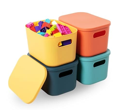 Image of HapiLeap Storage Boxes With Lids, Stackable Plastic Storage Baskets for Shelves Kitchen Bathroom Playroom Classroom Office Nursery, 24.5x 17.5 x16cm, (Small (4 PCS))