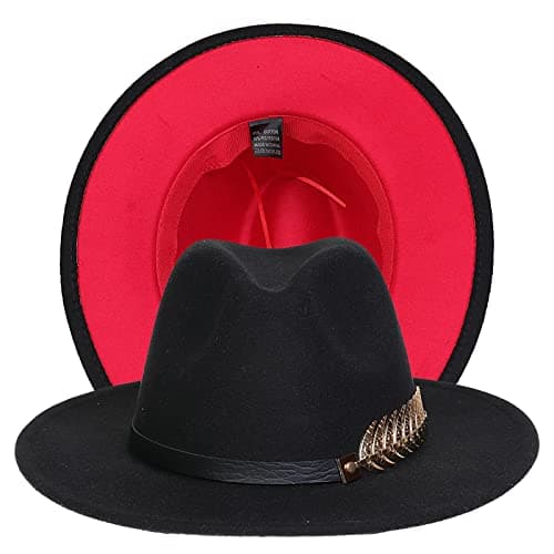 Image of JK Home Womens Mens Classic 1920s Gatsby Fedora Hats, Patchwork Two Tone Wide Brim Panama Roaring Jazz Cap Black/Red