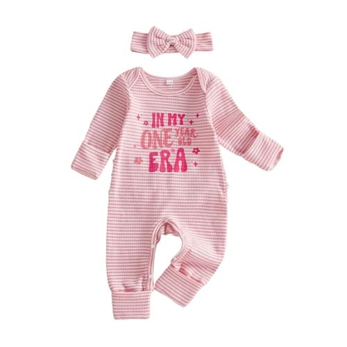 Image of Carolilly Baby Girl First Birthday Outfits Letter Print Striped Ribbed Long Sleeve Romper Newborn Girls Jumpsuits and Bow Headband Toddler Clothes Birthday Gift (Pink, 12-18 Months)