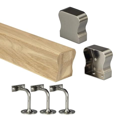 Image of Oak HR Wall Mounted Handrail Kit Oak Handrail with End Caps & Wall Brackets - Chrome, Black, Nickel - 1800mm 2400mm 3600mm 4200mm Lengths (Brushed Nickel, 2400mm)