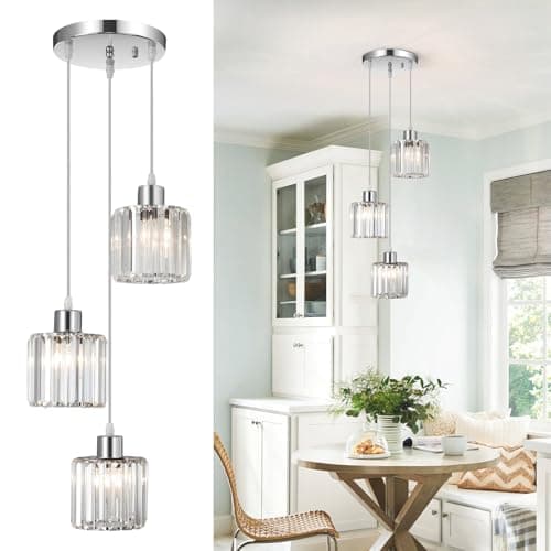 Image of Crystal Pendant Ceiling 3 Light, Chrome Kitchen Island Lights Pendant Light Fittings, Modern Chandelier Hanging Ceiling Lights for Dining Room Living Room Hallway Lounge, E27 Base, Adjustable Height