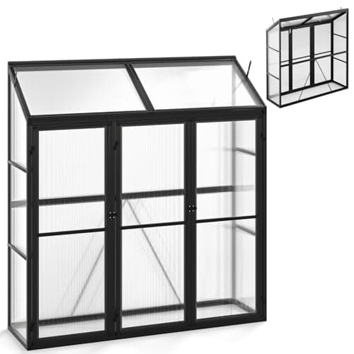 Image of COSTWAY 180 x 52cm Polycarbonate Greenhouse, Walk-in Greenhouse with Lockable Doors & Adjustable Roof Vents, Heavy Duty Aluminum Garden Plants Grow House, Back Panel Excluded