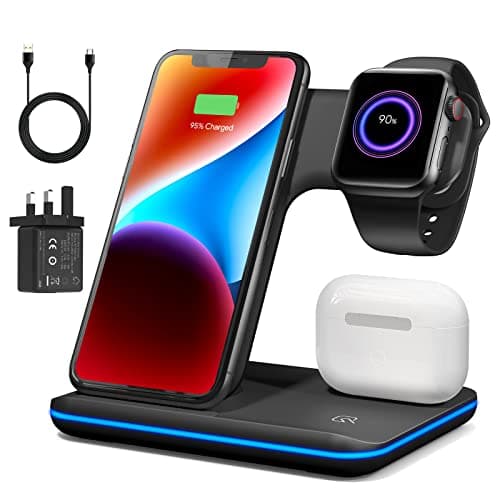 Image of VESSTT Wireless Charger 3 in 1, Wireless Charging Station for iPhone 15/14/13/12/11 and Apple Watch 8/7/6/5/4/3/2/SE, 2022 Upgraded Charging Dock for AirPods 1/2/3/ Pro/Pro 2…