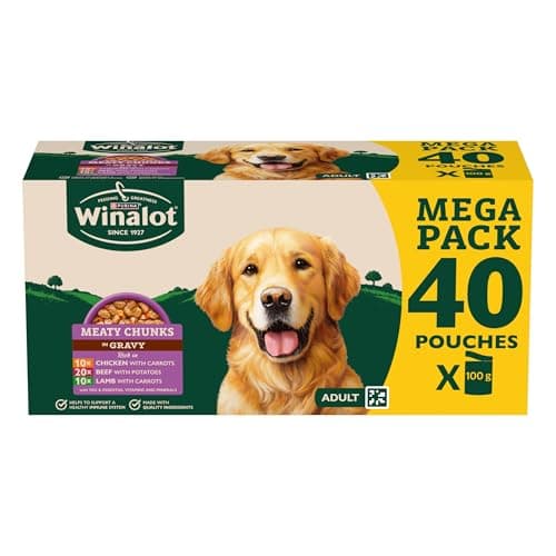 Image of WINALOT Meaty Chunks Adult Wet Dog Food Mixed in Gravy Beef, Chicken, Lamb 40x100g Pouches