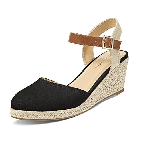 Image of PIZZ ANNU Womens Wedge Sandals Canvas Ladies Espadrilles Summer Elegant Buckle Mid Heel Platform Closed Toe Shoes Black Size 6