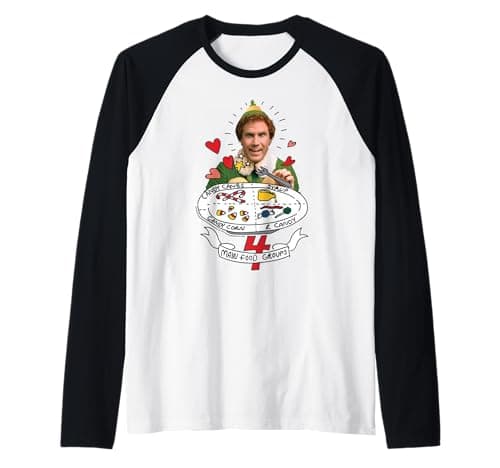 Image of Elf Buddy's Four Main Food Groups Christmas Raglan Baseball Tee