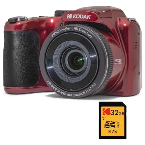 Image of KODAK Pixpro Astro Zoom AZ255 + SD Memory Card 32 GB – 16 MP Digital Bridge Camera, 25X Zoom, 1080p HD Video, 24 mm Wide Angle, 3 LCD Screen, AA Battery – Red
