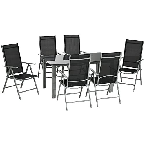 Image of Outsunny 7 Piece Garden Dining Set, Outdoor Table and 6 Folding and Reclining Chairs, Aluminium Frame, Tempered Glass Top Table, Texteline Seats, Black