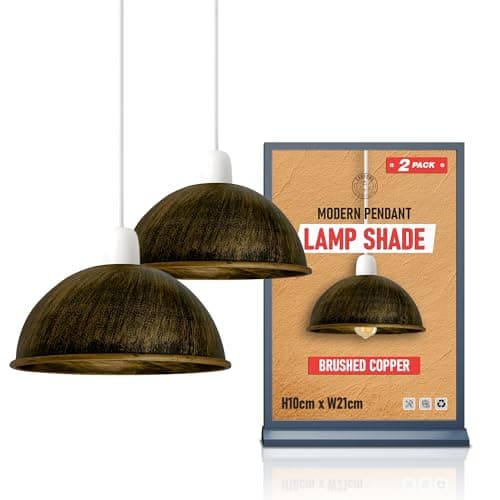 Image of 2 Pack Vintage Brushed Copper Metal Lamp Shades – E27 Easy Fit Pendant Ceiling Light Shades, 21cm x 10cm Antique Rustic Dome Replacement for Living Room, Dining Room, Kitchen & Bedroom