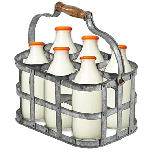 Image of Trendi® Milk Bottle Holder Galvanized 4 Milk Bottles Doorstep Crate Carrier Traditional 7.75 (L) x 7.75 (W) x 6.25 (H) (6 Bottle Holder)