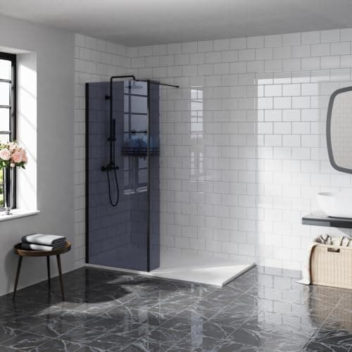 Image of Aquariss 900mm Walk in Wet Room Shower Enclosure 8mm Grey Easy Clean Glass Screen Panel with 300mm Return Panel Black Framed