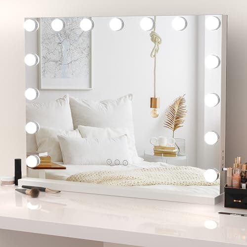 Image of Dripex Hollywood Vanity Mirror with Lights, 58×45cm Large Lighted Makeup Mirror with 15 Dimmable Bulbs, 3 Color Modes, Touch Screen Control, Adapter Plug, Tabletop or Wall Mounted Mirror For Bedroom