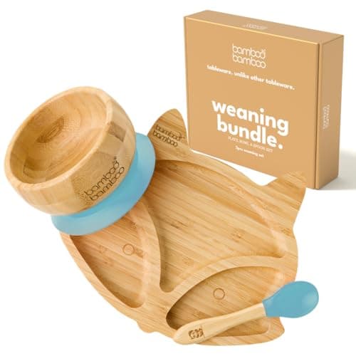 Image of bamboo bamboo Baby Plate & Bowl Set for Feeding and Weaning, Bamboo Fox Plate, Toddler Bowl & Baby Spoon, Suction Plates for Babies from 6 Months (Fox, Blue)