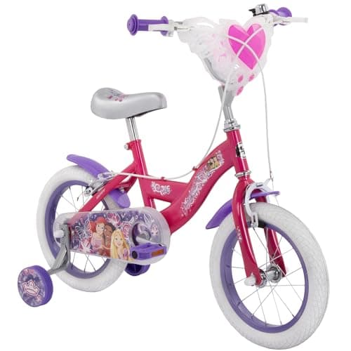 Image of Huffy Disney Princess 14" Girls Bike with Handle Bar Basket, Removable Stabilisers, Bell, Front and Rear Mudguards, Enclosed Chain, Girls’ Bicycle Ideal for Ages 4-6 Years - Metallic Dark Pink