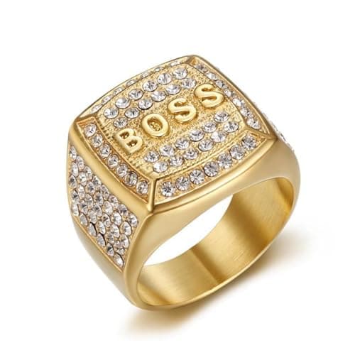 Image of BOSS Letter Ring Titanium Steel Gold/Silver Sparkling Rhinestones - Stylish Luxury Statement Accessory