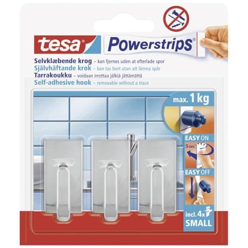 Image of tesa UK Powerstrips Hooks Small RECTANGLE/CHROME EFFECT Removable Self-Adhesive Wall Hook for Glass, Tiles, Wood, Plastic and Other Surfaces - Waterproof - Strong Hold up to 1 kg
