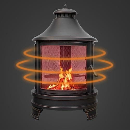 Image of WEIMILOR Outdoor Cast Iron Chimenea, Fireplace Wooden Chiminea Fire Pit w/Fire Poker, 360°Fire Retardant Mesh Cover, Patio Wood Burning Chiminea