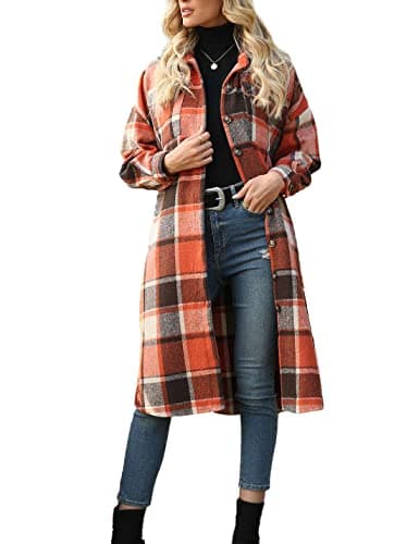 Image of Sukany Women's Casual Lapel Wool Blend Long Plaid Shirt Button Down Long Sleeve Jacket Shacket Orange XL