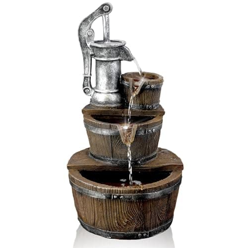 Image of GEEZY Garden Water Feature – Pump Barrel Fountain with LED Lights – Mains Powered, Self-Contained, Indoor & Outdoor – Easy Setup, Cascading & Tranquil – Great for Garden, Home, Patio & Balcony Decor