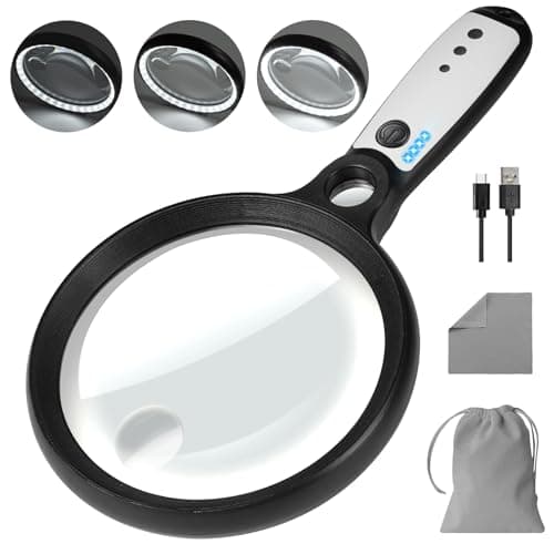 Image of Large Magnifying Glass with 37 LED Light, 10X 20X 45X Handheld Illuminated Lighted Magnifier with 3 Light Modes Rechargeable Magnifying Glass for Seniors Reading, Inspection (Black & White)
