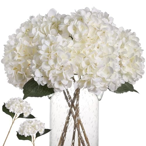 Image of Kisflower 6Pcs Silk Hydrangea Artificial Flowers Realistic Hydrangea Flowers Bouquet for Wedding Party Office Home Decor (White)
