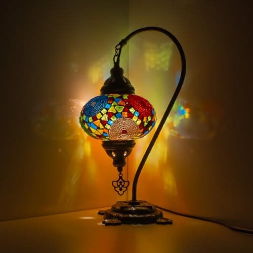 Image of MOSLAND HOME Turkish Mosaic Table Lamp | Moroccan-Style with Bronze Base | Handmade Swan Neck Tiffany Night Light | Glass Bedside Lamp with LED Bulb