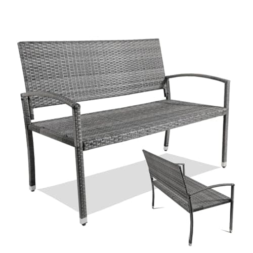 Image of Clevich Rattan Garden Bench, 2 Seater Wicker Patio Bench with Curved Backrest Armrests, Adjustable Feet, Weatherproof PE, 320kg Capacity for Indoor/Outdoor/Balcony/Terrace, Double-Sided Rattan, Grey