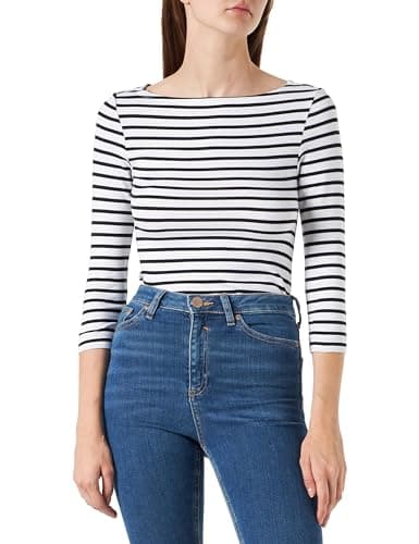 Image of Amazon Essentials Women's Slim-Fit 3/4 Sleeve Solid Boat Neck T-Shirt, White Stripes, M
