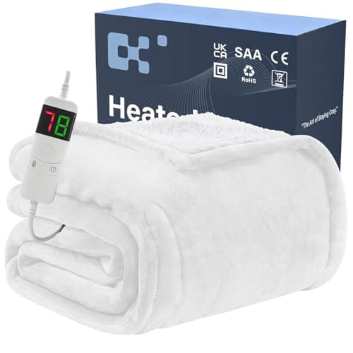 Image of BOMOVA Electric Heated Blanket Single Throw (130x160cm,White)-Flannels Fleece Winter Warm Blanket,10-Level Heating & 5 Auto Timer,Cozy Sofa Throw for Home Office,Xmas House Warming New Home Gifts
