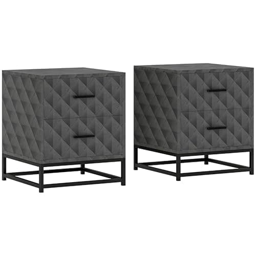 Image of HOMCOM Bedside Tables Set of 2, Modern Bedside Table Nightstand with 2 Drawers, Bedside Cabinet Sofa Side Table with Storage, Steel Legs for Bedroom, Living Room, Grey