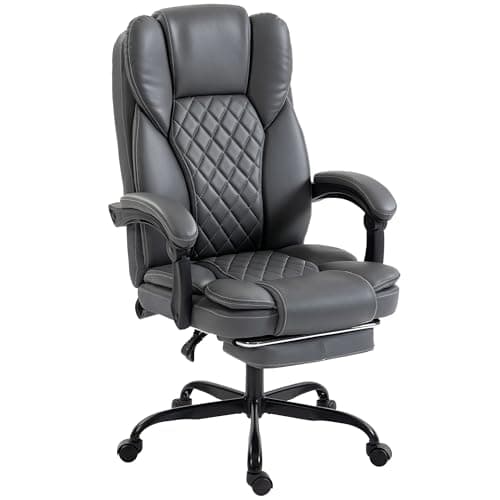 Image of HOMCOM High-Back Executive Home Office Chair, PU Leather Computer Desk Chair with 360 Degree Swivel, Reclining Function, Retractable Footrest and Adjustable Height, Grey