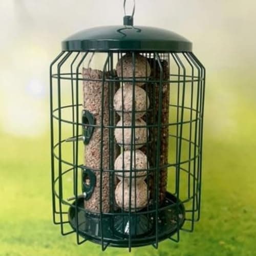 Image of Leagrams 3-in-1 Squirrel Proof Bird Feeder – Seed, Peanut & Fat Ball Feeder with Heavy Duty Metal Cage – Weatherproof Hanging Bird Feeder for Garden Birds – Dark Green