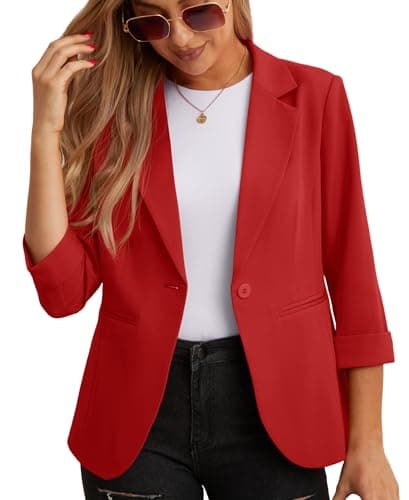 Image of GRECERELLE Womens Blazers Casual 3/4 Sleeves Jackets Suiting & Blazers Notched Lapel Solid Elegant Coat Work Office Formal Top Outerwear with Pockets Buttons for Women UK (Red, 14)