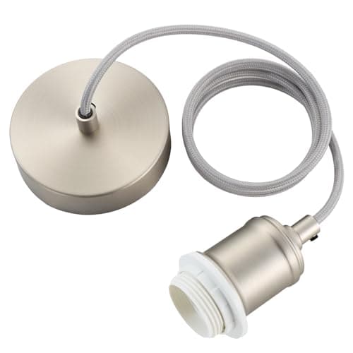 Image of Industrial Satin Nickle Pendant Light Fitting, Metal E27 Screw Lamp Holder with Lock Ring for Shade, Ceiling Rose with 100cm Adjustable Grey Braided Flex Cable Ceiling Light Fixture KIT801SN