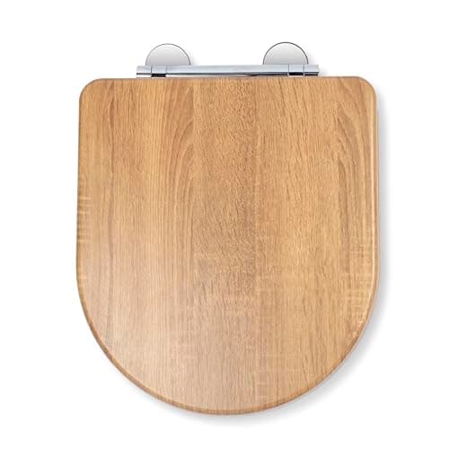 Image of Croydex Levico Flexi-Fix D Shape Toilet Seat Soft Close - Quick Release Button for Easy Cleaning and Adjustable Hinges with Top and Bottom Fixings Included, Antibacterial Treated Surface (Teak)
