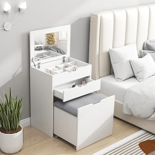 Image of HOMCOM Dressing Table with Flip-up Mirror and Storage Stool, Vanity Table with Drawer and Hidden Compartments for Bedroom, Living Room, White
