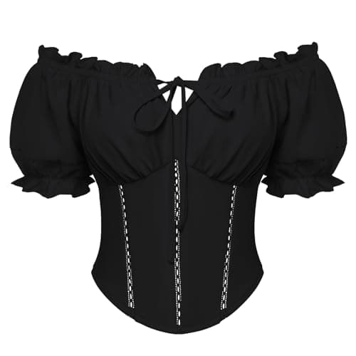 Image of SCARLET DARKNESS Women's Renaissance Tops Corset Square Neck Blouse Short Puff Sleeves Blouses for UK Black XL