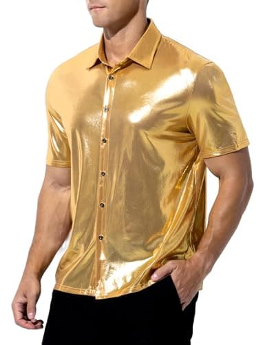 Image of Casey Kevin Men's Short Sleeve Shirt Shiny Metallic Collared T-Shirt Sparkly Nightclub Sexy Button Down Disco Rock Party Shirts - Gold L