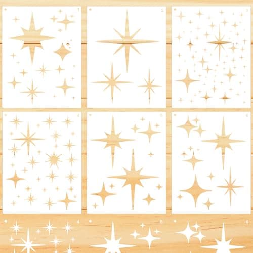 Image of Sorcristy 6 Pcs Stencils for Painting, Star Paint Stencil Reusable Wall Stencil Twinkle Star Wall Drawing Stencils for Crafts Home Decor DIY Furnitureand Wood Canvas Fabric