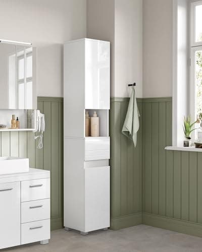 Image of VASAGLE Tall Bathroom Cabinet, Slim Storage Cabinet, Narrow Cupboard, Bathroom Storage Unit, with a Drawer, Adjustable Shelves, 30 x 30 x 170 cm, White BBC560P31