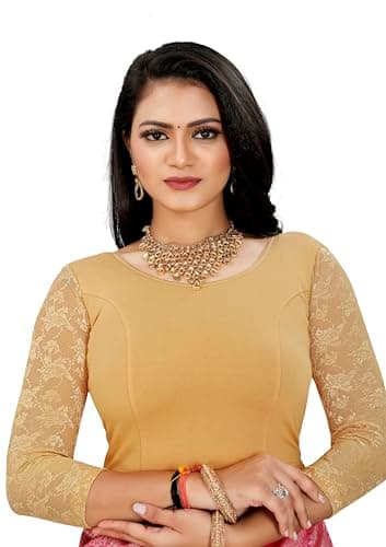 Image of KNETLI Velvet Plain Blouse for Women Strechable,Round Neck, Short Sleeve Gold
