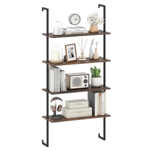 Image of COSTWAY 4-Tier Ladder Shelf, Tall Wall Bookshelf Open Display Rack, Metal Frame Wooden Wall-Mounted Bookcase Storage Shelving Unit for Living Room, Bedroom and Office (Rustic Brown+Black, 76x30x163cm)