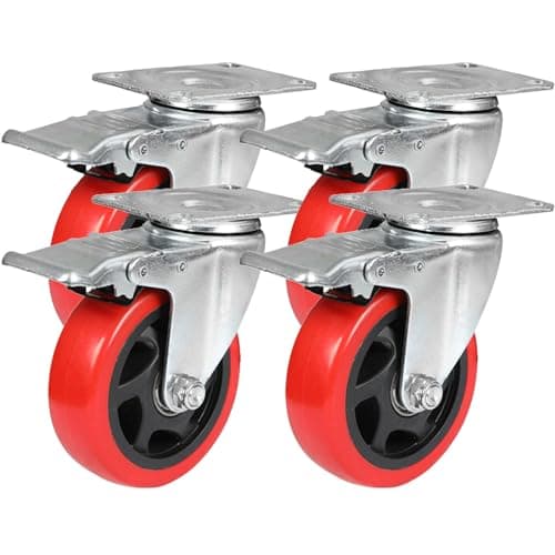 Image of Taylor & Brown 4 x Heavy Duty Swivel Castor Wheels with 2 Brakes - 100mm up to 700KG - 360° Transport Caster for Furniture - Rubbered Trolley Wheels – 4” Red Castors