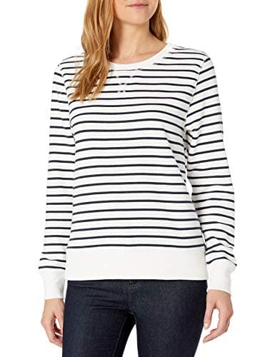 Image of Amazon Essentials Women's Fleece Crewneck Pullover Sweatshirt (Available in Plus Size), Navy White Horizontal Stripes, L