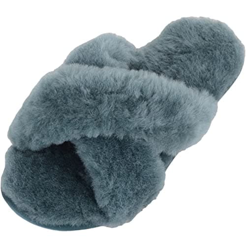 Image of Womens Genuine Thick Sheepskin Open Back Peep Toe Cross Over Slipper Slider - Marine - UK 9