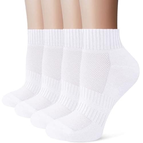 Image of Stoeury White Sports Ankle Socks Women, Anti Blister Cushioned Quarter Socks Mens Black, Ladies Trainer Walking Running Sock, Breathable Cotton Casual Athletic Gym Sock 4 Pairs, White 6-8