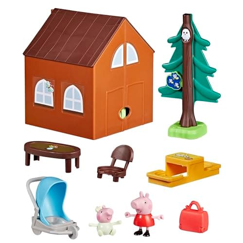 Image of Peppa Pig Peppa's Travels: Cabin Adventure Playset with Fold-Up House and 2 Figures, Includes Baby Evie, Preschool Toys for Girls and Boys Aged 3+