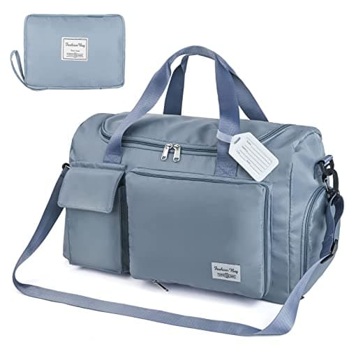 Image of Flintronic Travel Duffel Bag, Foldable Gym Bag Overnight Weekend Bags for Women, Lightweight Hospital Bag with Wet and Dry Separation Bag, Large Holdall Bag Cabin Bag for Sports and Travel - Blue